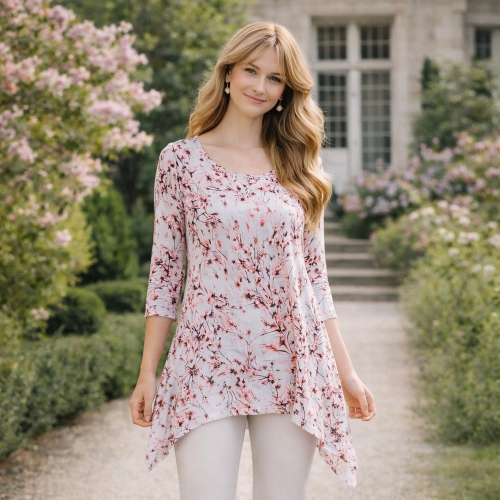 LBISSE Floral Blouse Size 2X Soft Stretch Asymmetrical Tunic Top